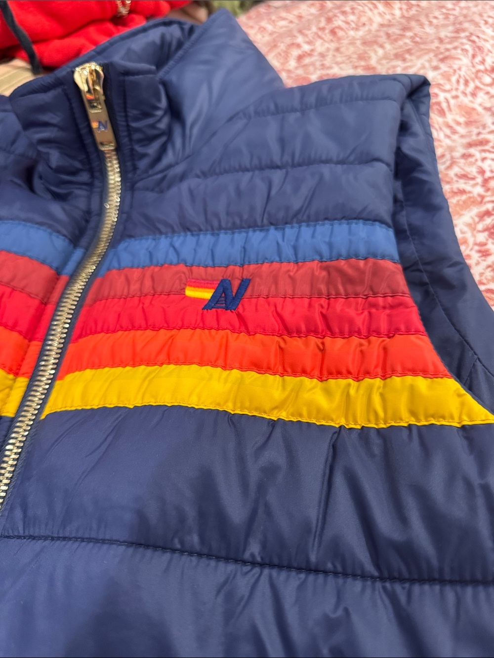 Navy Puffer Vest with Rainbow Stripes - Cozy Layering - Picture 3 of 6
